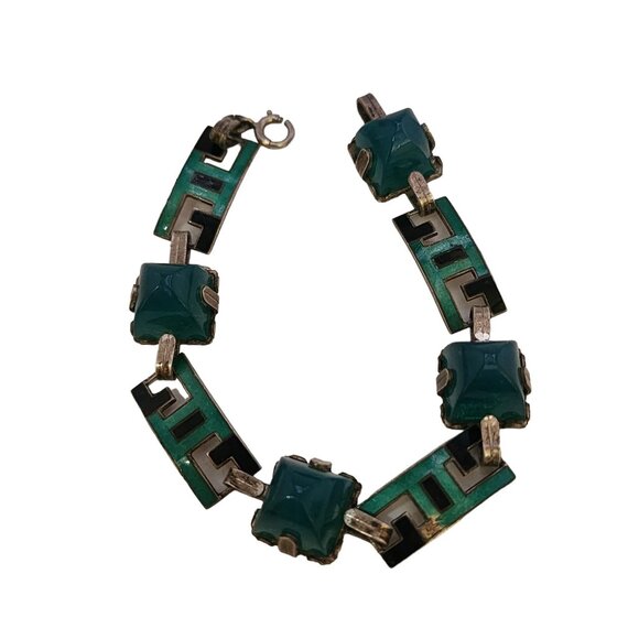 Antique Art Deco Hallmarked Sterling Enamel & Sugar Loaf Chrysoprase Bracelet